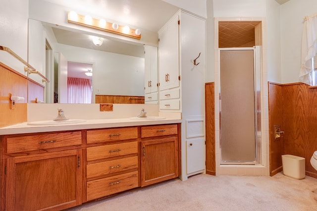 bathroom featuring vanity and a shower with shower door