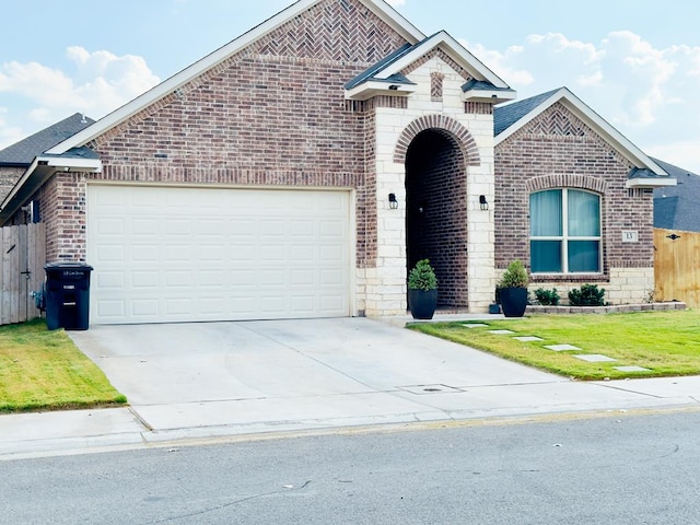 view of front of property featuring a garage and a front lawn