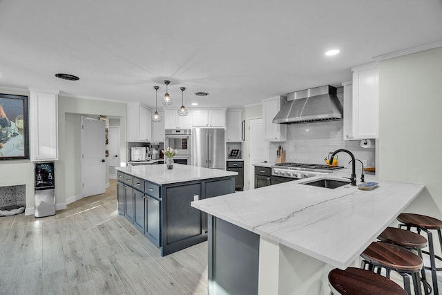 kitchen with backsplash, a breakfast bar area, stainless steel appliances, wall chimney exhaust hood, and a sink