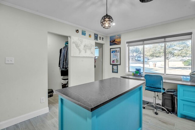 office with baseboards, ornamental molding, and wood tiled floor