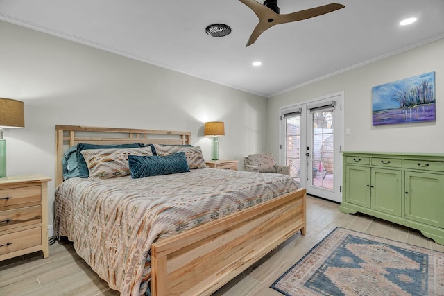 bedroom with access to outside, light wood finished floors, and ornamental molding