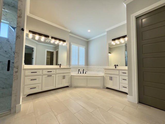 5516 E County Rd 93, Midland, TX 79706 - full bath with a marble finish shower, two vanities, healthy amount of natural light, a garden tub, and recessed lighting