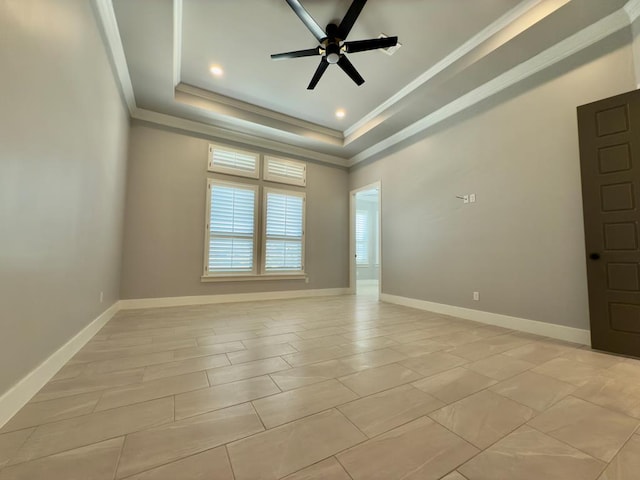 5516 E County Rd 93, Midland, TX 79706 - empty room with a tray ceiling, crown molding, a ceiling fan, and recessed lighting