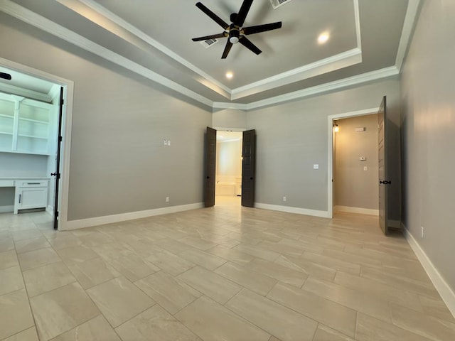 5516 E County Rd 93, Midland, TX 79706 - unfurnished room with crown molding, ceiling fan, a tray ceiling, and recessed lighting