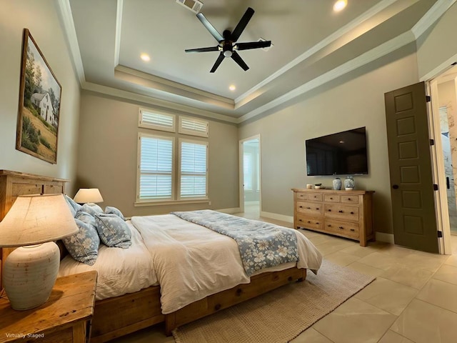 5516 E County Rd 93, Midland, TX 79706 - bedroom featuring ornamental molding, light tile patterned flooring, a raised ceiling, ceiling fan, and recessed lighting