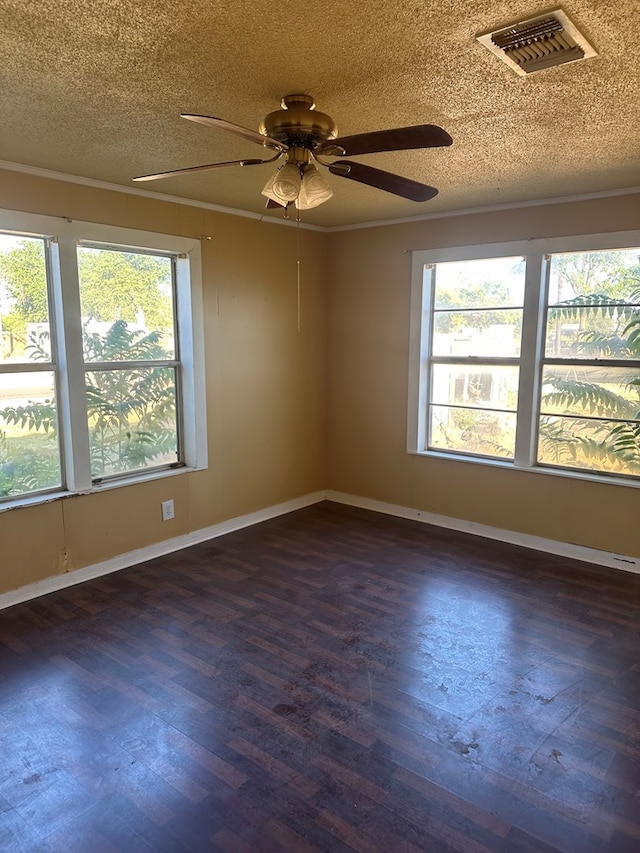 spare room with a textured ceiling, a wealth of natural light, and dark wood-type flooring