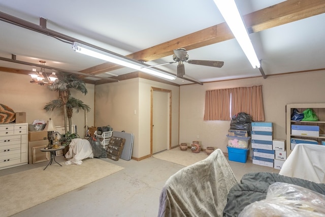 bedroom with a ceiling fan and concrete floors