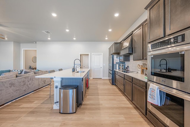 6803 Leather Ln, Midland, TX 79705 - kitchen featuring stainless steel appliances, a sink, open floor plan, an island with sink, and dark brown cabinetry