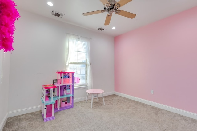 playroom with carpet floors, recessed lighting, visible vents, and baseboards