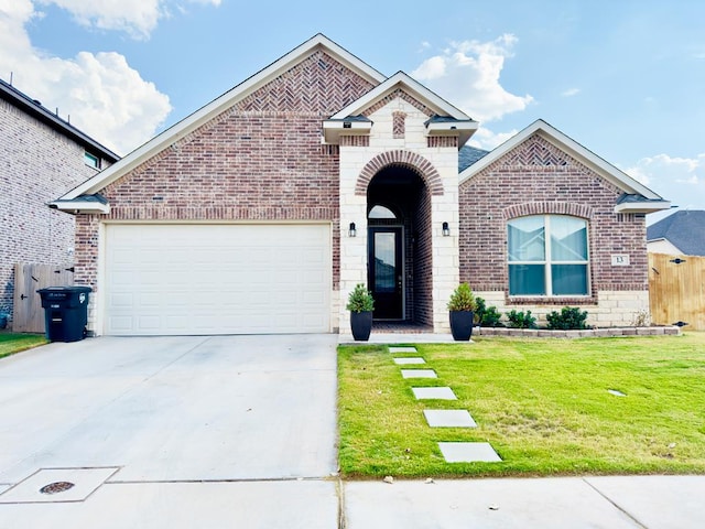 view of front of home featuring brick siding, concrete driveway, an attached garage, fence, and a front yard