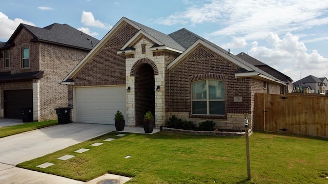 french country inspired facade with stone siding, brick siding, and concrete driveway