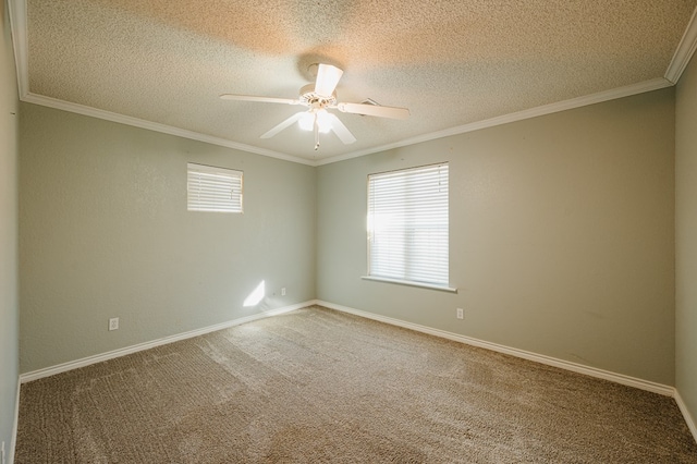 spare room with a textured ceiling, carpet floors, and ceiling fan