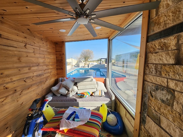 24501 S County Rd 1210, Midland, TX 79706 - detailed view of wood ceiling, wood walls, and a ceiling fan