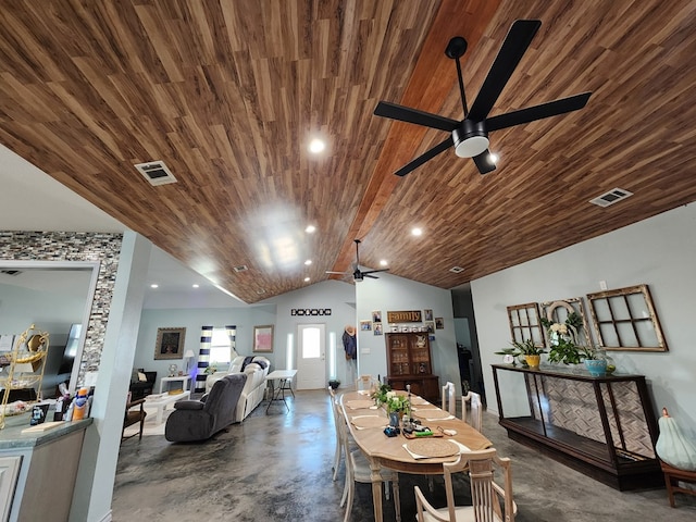 24501 S County Rd 1210, Midland, TX 79706 - dining area featuring ceiling fan, concrete flooring, vaulted ceiling, recessed lighting, and wood ceiling