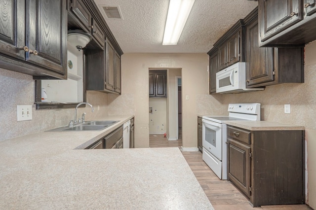 kitchen with sink, white appliances, dark brown cabinetry, a textured ceiling, and light wood-type flooring