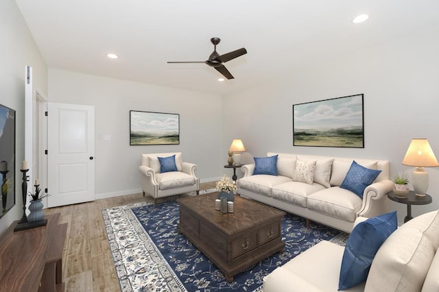 living room with recessed lighting, baseboards, wood finished floors, and ceiling fan