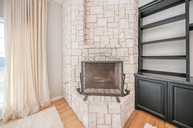 interior details with a stone fireplace and wood-type flooring