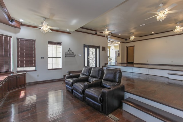 interior space with crown molding and dark wood-type flooring