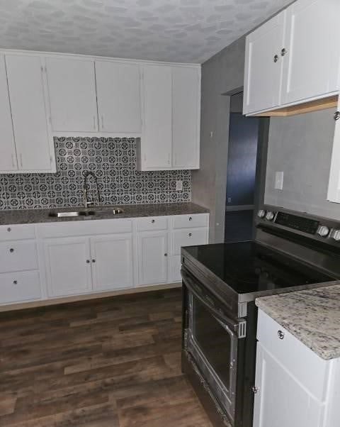 kitchen featuring white cabinetry, decorative backsplash, sink, dark hardwood / wood-style floors, and electric range