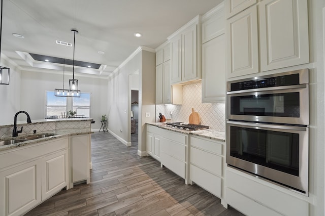 kitchen with tasteful backsplash, appliances with stainless steel finishes, a tray ceiling, and sink