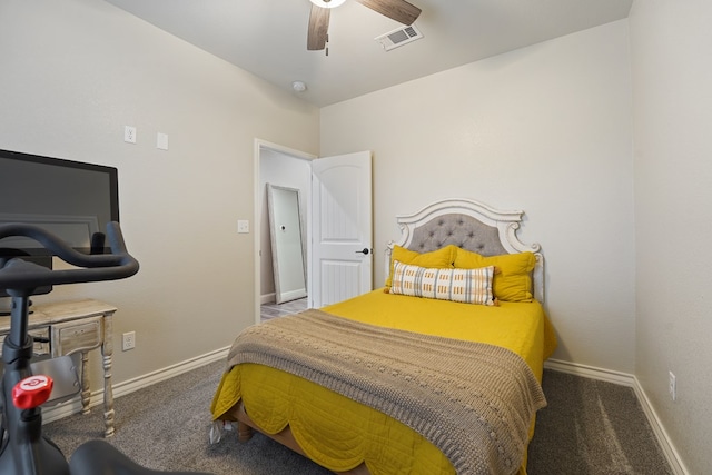 bedroom with ceiling fan and carpet floors