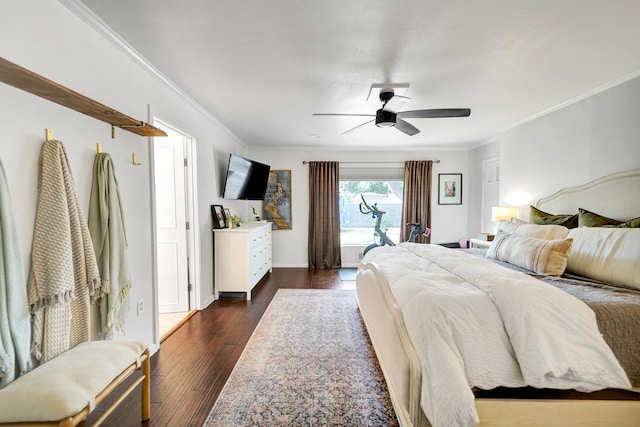 907 Harvard Ave, Midland, TX 79701 - bedroom with ornamental molding, dark wood-style flooring, a ceiling fan, access to outside, and baseboards