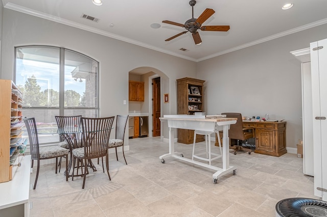 office featuring visible vents, arched walkways, a ceiling fan, ornamental molding, and recessed lighting