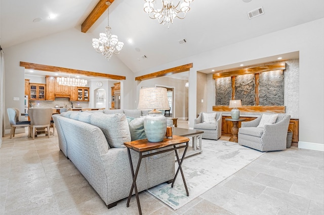 living room featuring an inviting chandelier, visible vents, high vaulted ceiling, and beamed ceiling