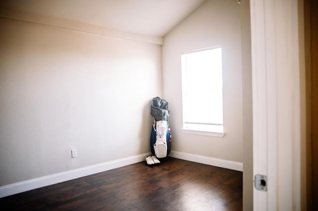 empty room featuring dark wood-type flooring and lofted ceiling