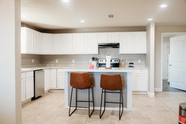 kitchen with white cabinets, white range with electric stovetop, and a kitchen island