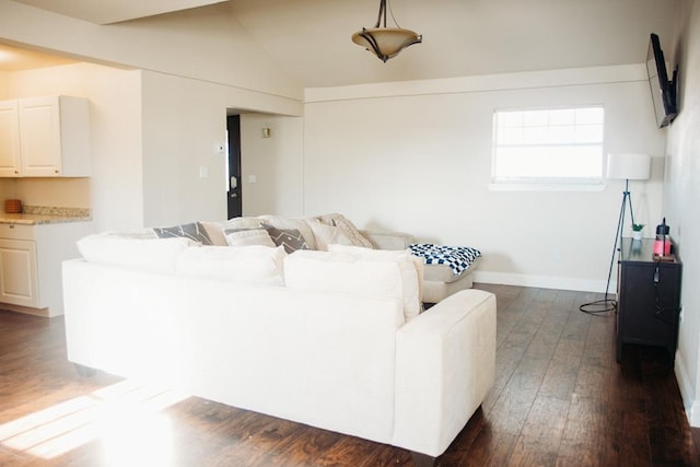 living room with dark hardwood / wood-style flooring and lofted ceiling