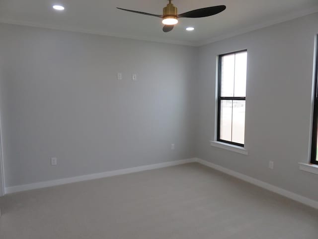 9811 E County Rd 108, Midland, TX 79706 - unfurnished room featuring a ceiling fan, light carpet, ornamental molding, and recessed lighting