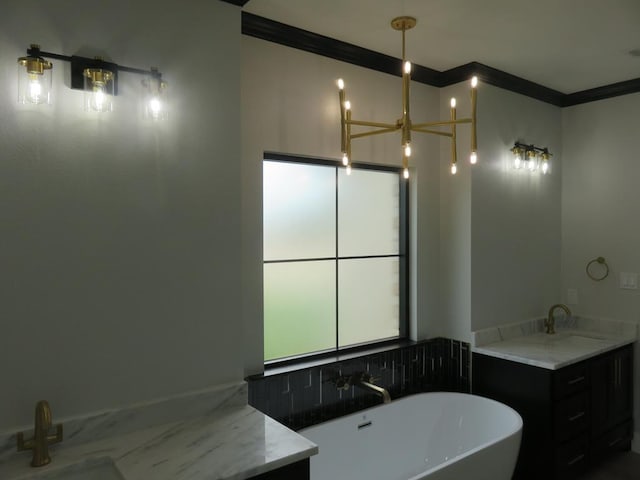 9811 E County Rd 108, Midland, TX 79706 - bathroom with ornamental molding, a freestanding bath, and vanity