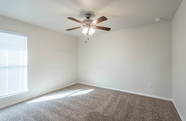 empty room with plenty of natural light, ceiling fan, and carpet