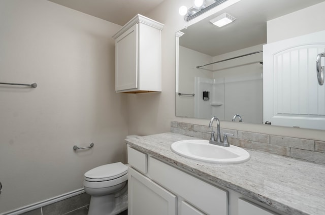 bathroom featuring walk in shower, vanity, and toilet