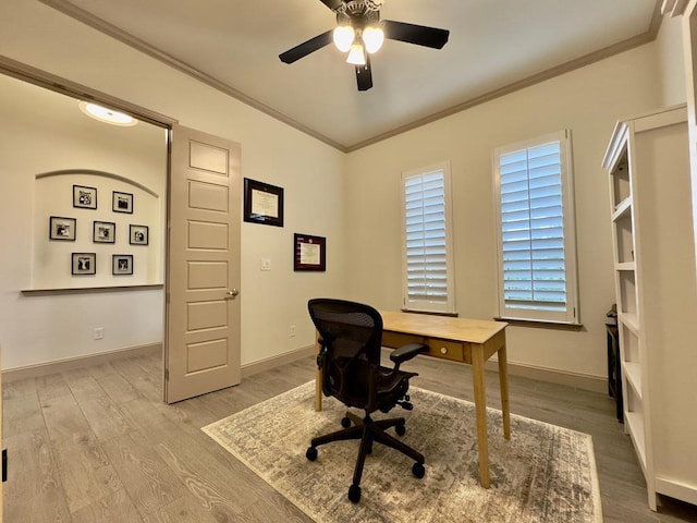 office space featuring ceiling fan, light hardwood / wood-style floors, and crown molding