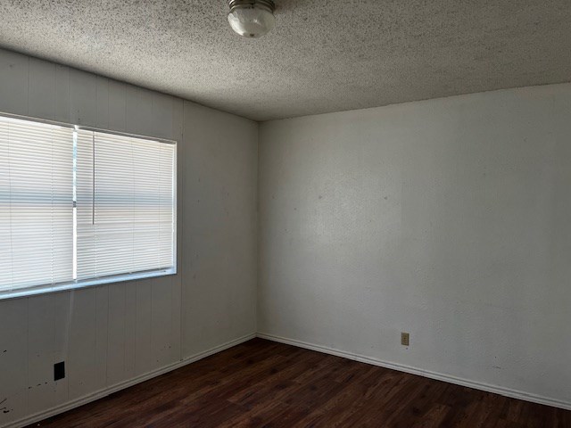 spare room featuring a textured ceiling and dark hardwood / wood-style flooring