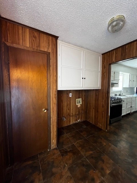 laundry area featuring sink, wood walls, and a textured ceiling