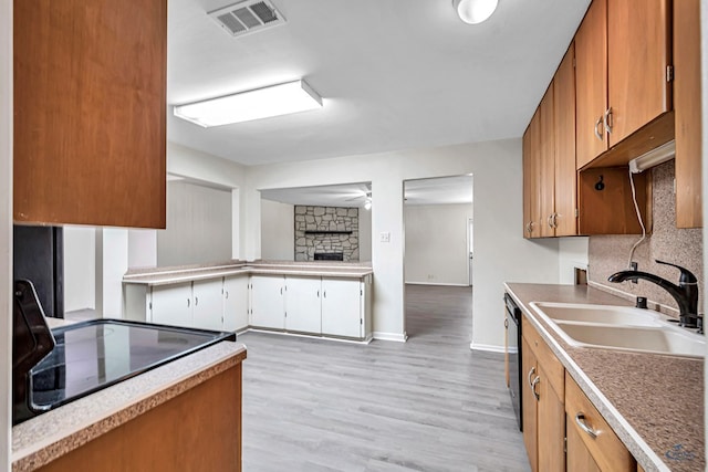 3404 W Michigan Ave, Midland, TX 79703 - kitchen with a sink, a fireplace, dishwasher, tasteful backsplash, and light wood-type flooring