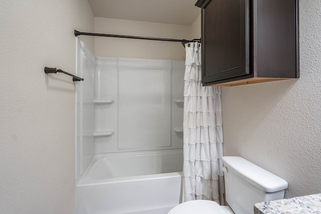 bathroom with toilet and shower / bath combination with curtain