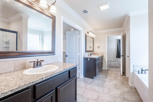 bathroom featuring vanity, a tub, and ornamental molding