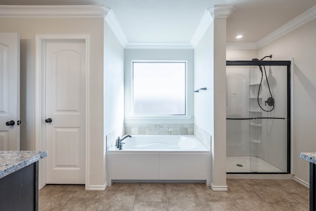 bathroom with vanity, crown molding, and separate shower and tub