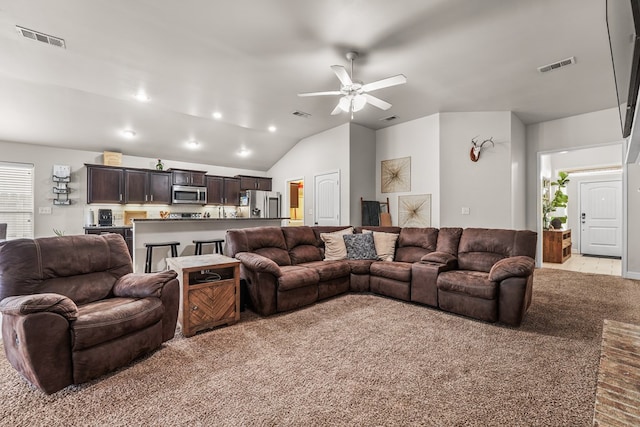 9910 Aloe Ct, Odessa, TX 79765 - living area with a ceiling fan, light colored carpet, vaulted ceiling, and recessed lighting