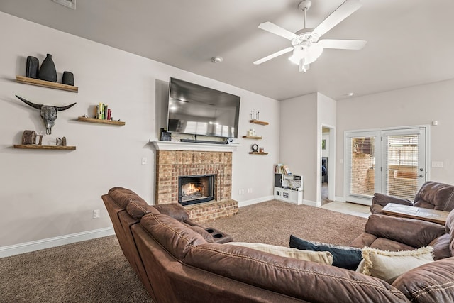 9910 Aloe Ct, Odessa, TX 79765 - carpeted living room with a ceiling fan and a brick fireplace