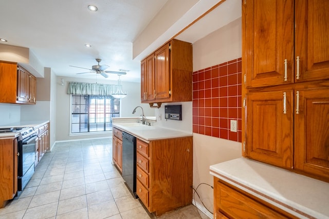 kitchen with electric stove, sink, ceiling fan, black dishwasher, and light tile patterned flooring