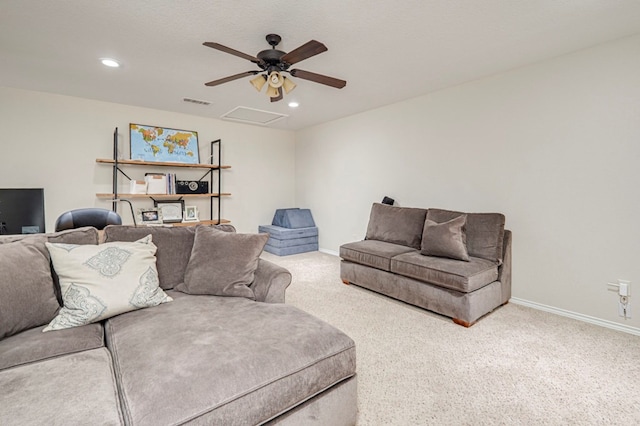 living room with ceiling fan, carpet floors, and recessed lighting
