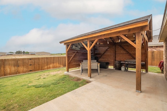surrounding community with a patio area, a lawn, and a fenced backyard