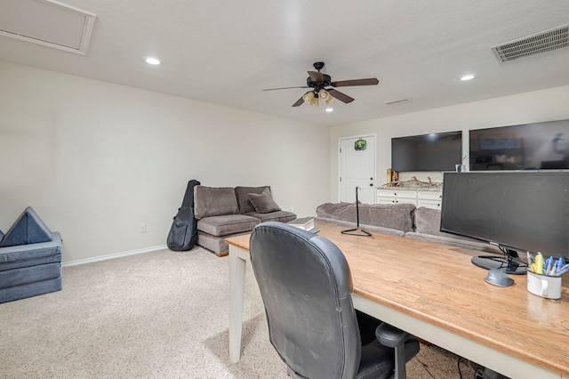 office area with baseboards, a ceiling fan, visible vents, and recessed lighting