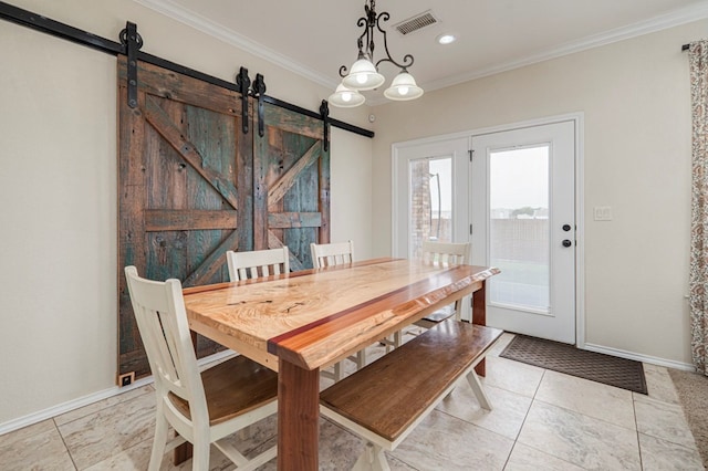 dining space with a barn door, visible vents, light tile patterned flooring, crown molding, and baseboards