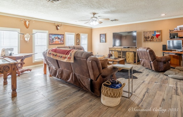 living room featuring ornamental molding, wood-type flooring, and a textured ceiling